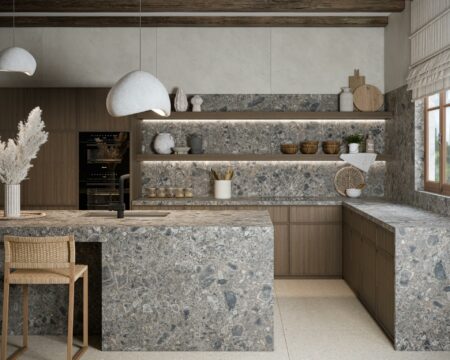 Image of AMB01 Kitchen Dekton GK07 Ceppo and VK02 Avorio in Kitchen Flooring - Cosentino